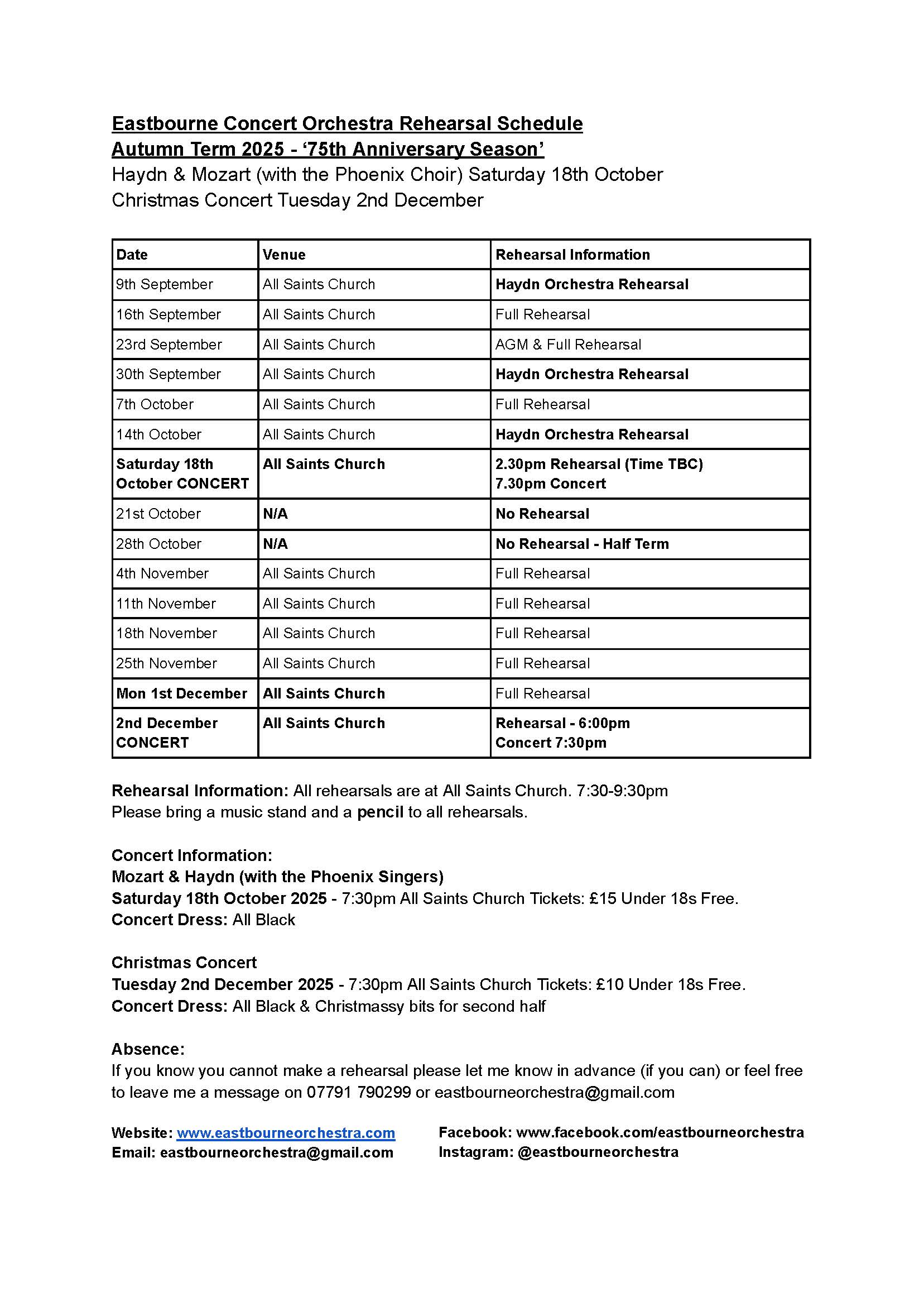 Rehearsal Schedule - Autumn 25